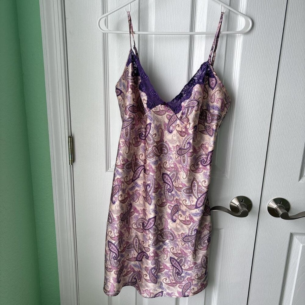 Secret Treasures Y2K Babydoll Slip Dress Womens M Paisley Purple Lace Bow